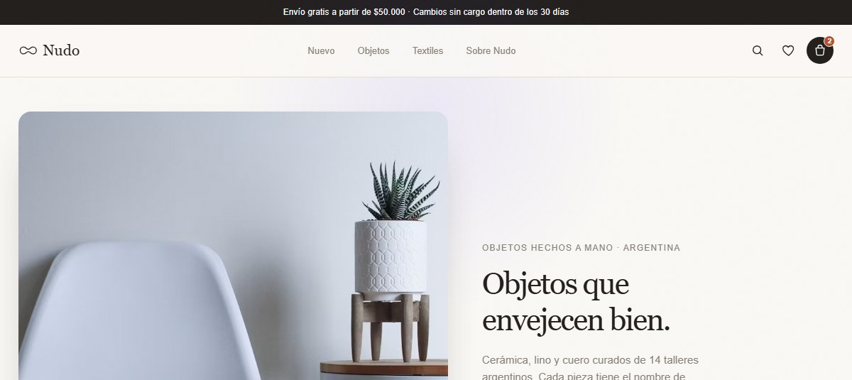 Captura del sitio de Un catálogo editorial, sin badges de descuento gritando, para una marca de objetos de diseño artesanal