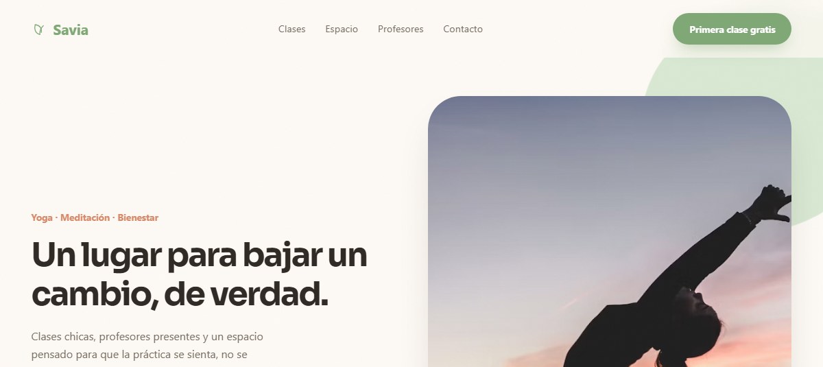 Captura del sitio de Formas orgánicas y paleta pastel para un centro de yoga que quería transmitir calma desde el primer scroll