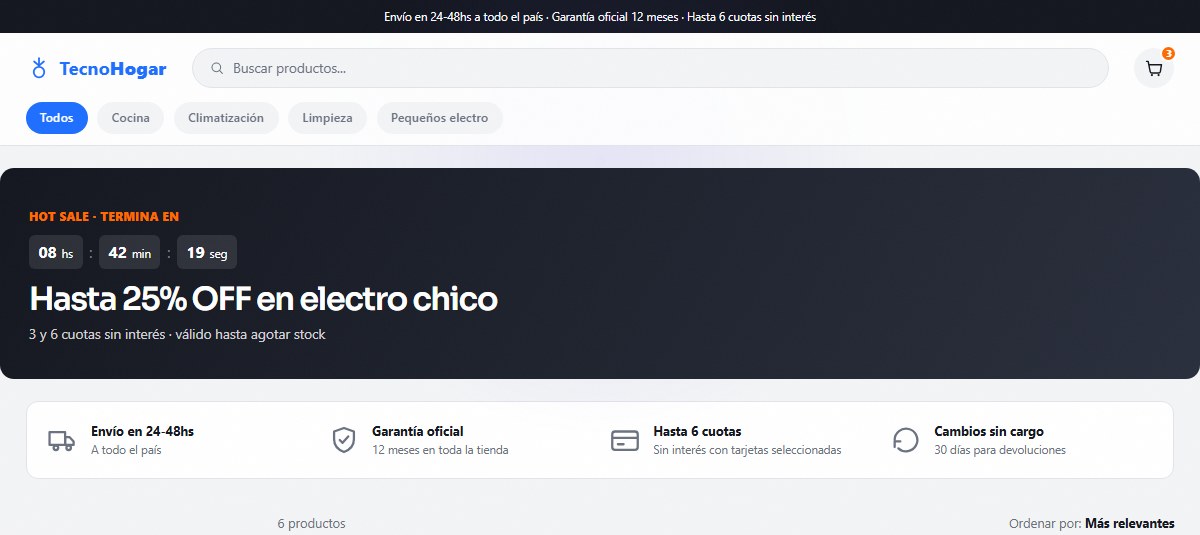 Captura del sitio de Un grid denso tipo marketplace para una tienda de electrodomésticos que necesitaba mostrar mucho stock sin verse desordenada